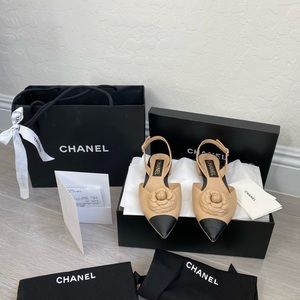 Chanel Shoes Sling Backs Beige and Black Lambskin Leather 38.5